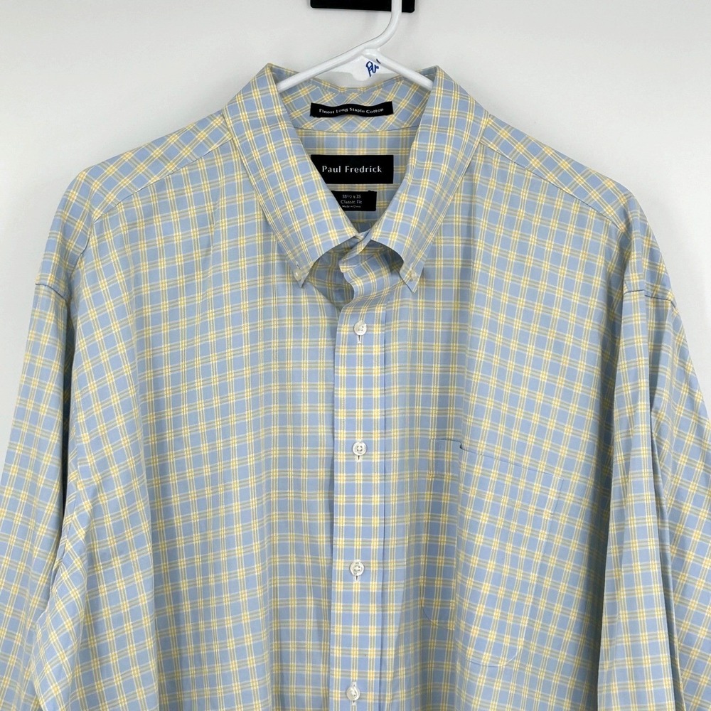 Paul Fredrick Shirt Mens 18.5x35 Blue Yellow Plaid Classic Fit Cotton Preppy